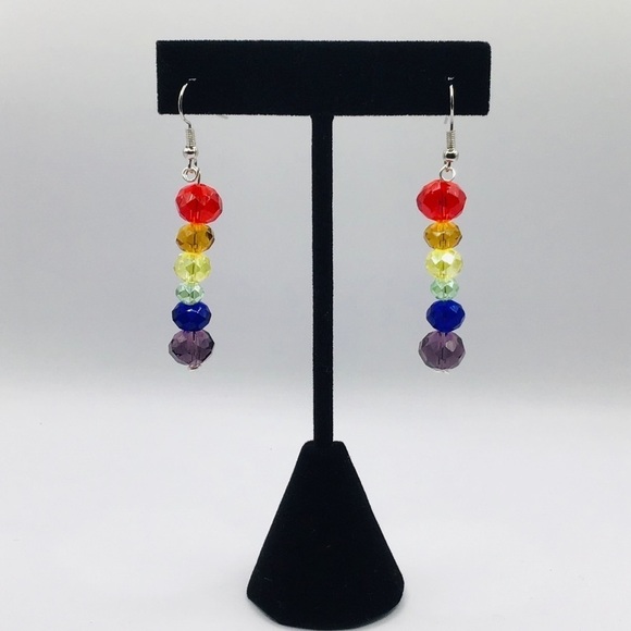 GRATEFUL Times Earrings Chakra Rainbow Faceted Glass Gem Beads Hippie Pride - Picture 3 of 5
